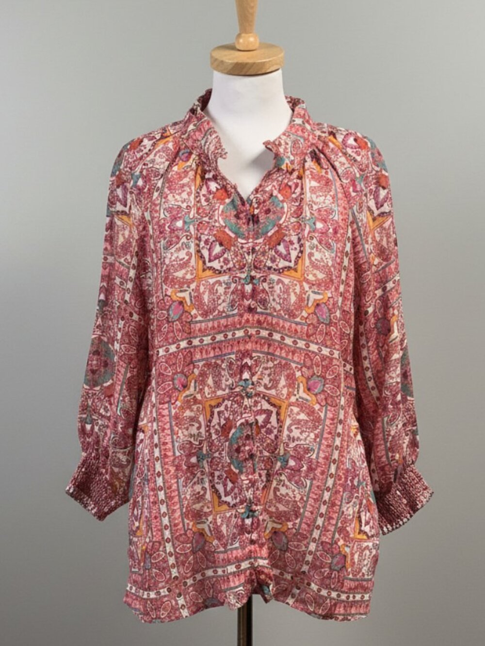 Zoe Kratzmann blush and turquoise Carousel print blouse, size 10